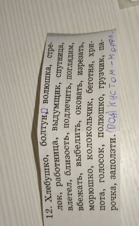 12. Хлебушко, болтун, волюшка, стрелок, работница, выдумщик, спутница, влетел, близость, подлечить, поглядим, вбежать, выбелить, оковать, изрезать, морюшко, колокольчик, беготня, хрипота, голосок, полюшко, грузчик, парочка, заползти. (ПОД) кустом - морф.