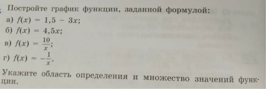 Постройте график функции, заданной формулой: а) f(x) = 1,5 - 3x; б) f(x) = 4,5x; в) f(x) = 10/x; г) f(x) = -1/x. Укажите область определения и множество значений функции.